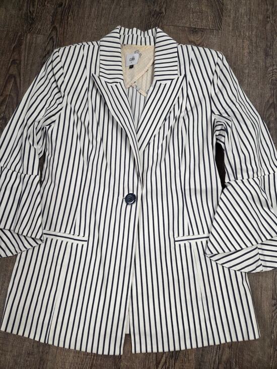 CAbi Jackets & Blazers - Cabi Blazer Retro Edgy Flared Bell Sleeve White Blue Striped Jacket Size 6